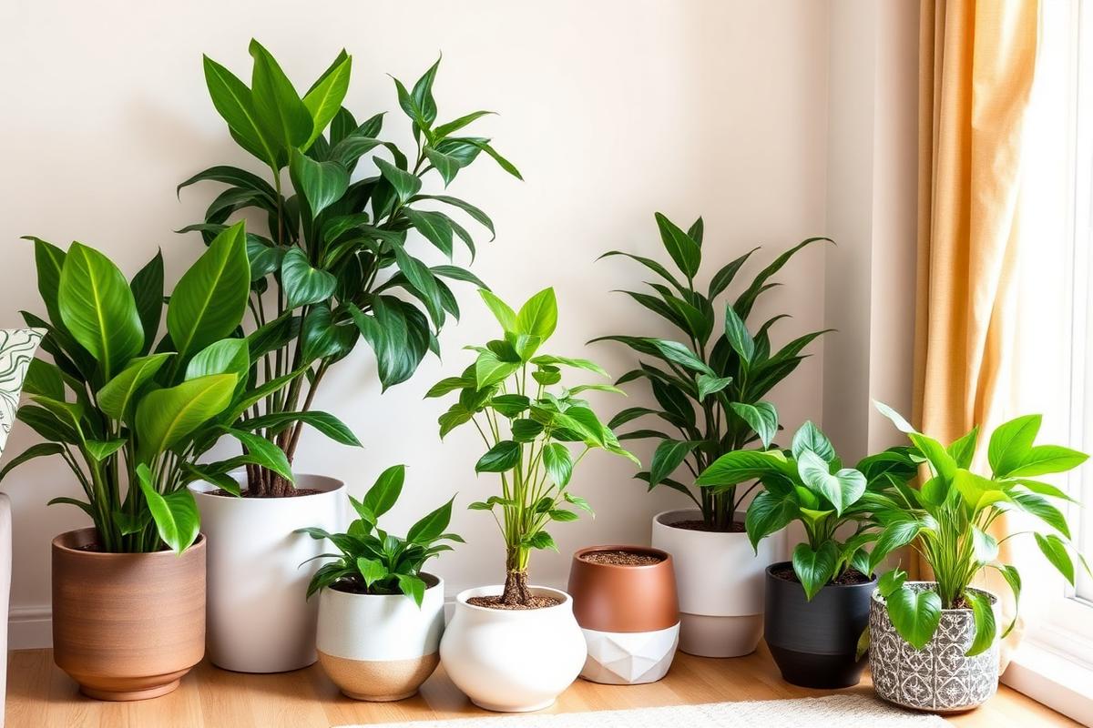 Selección de plantas de interior fáciles agrupadas en macetas de cerámica en un salón luminoso.