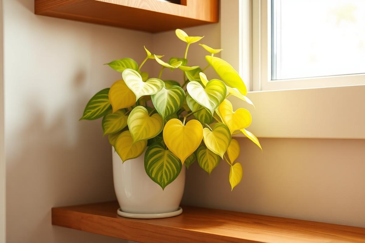 Potos con hojas verdes y amarillas en forma de corazón en una maceta blanca junto a una ventana.